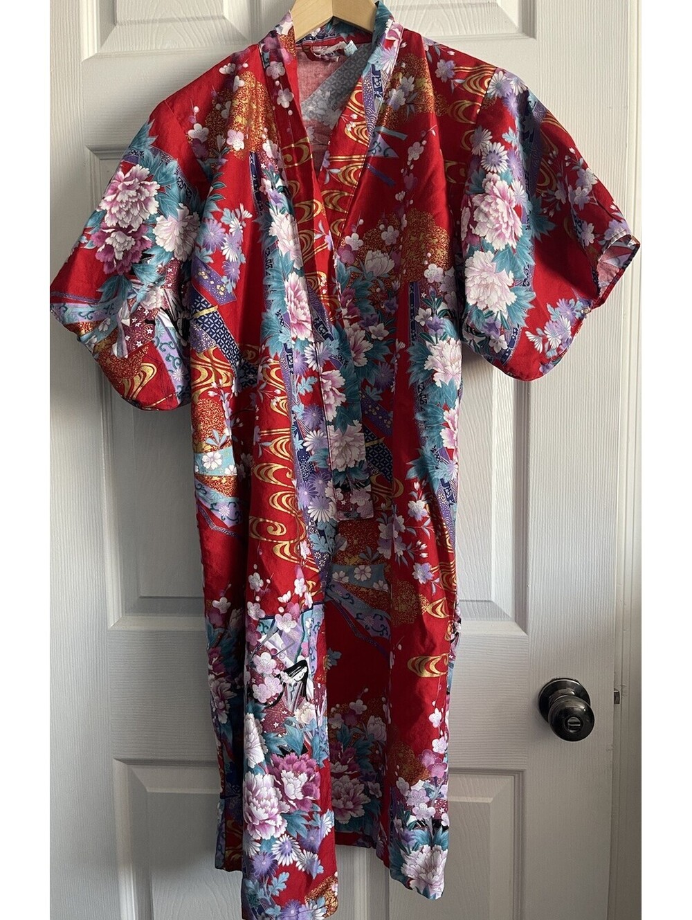 Sakurai Shoji Kimono Cotton Red Gold Purple Cherry Blossom Geisha Tagged 40 xs/s